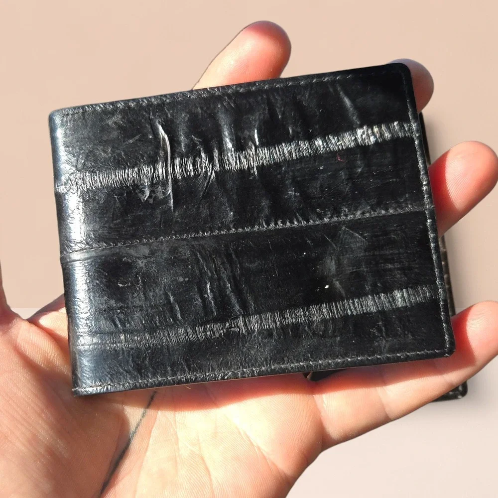 VTG‎ Minimalist Leather Wallet Black Genuine Eel Skin? Bifold Flip ID Window USA